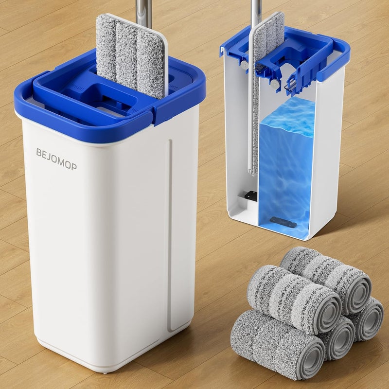 BEJOMOP Mop and Bucket Set with Wringer, Dry & Wet Dust Mop for Household Floor Cleaning with 5 Microfiber Mops, Flat Squeeze Spin Wall Mop Cleaner with Long Handle, Slate Blue - Image 1